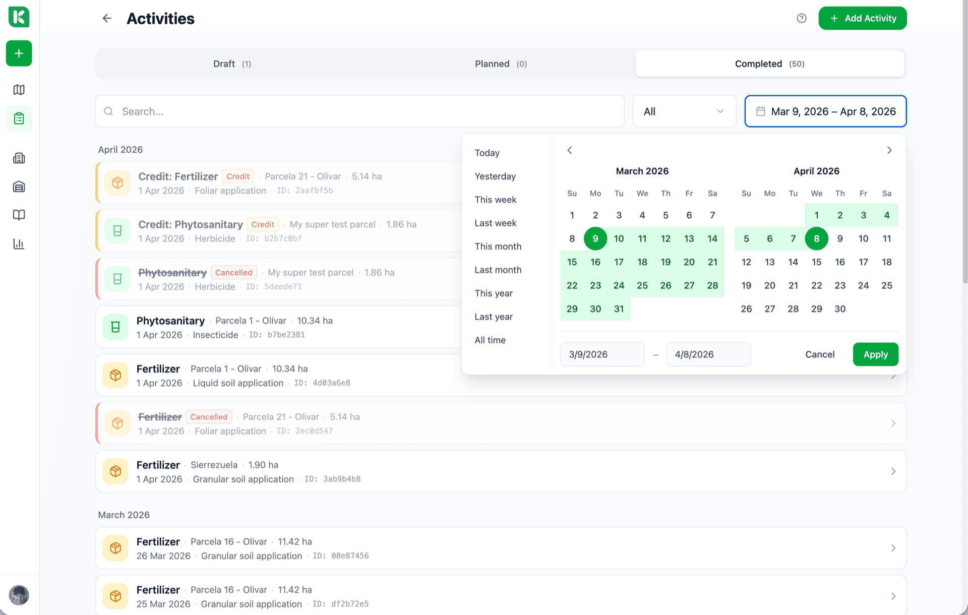 Treatment plan screen with a list of scheduled treatments, progress bar, and an 'Apply' button that turns a plan row into an executed activity.