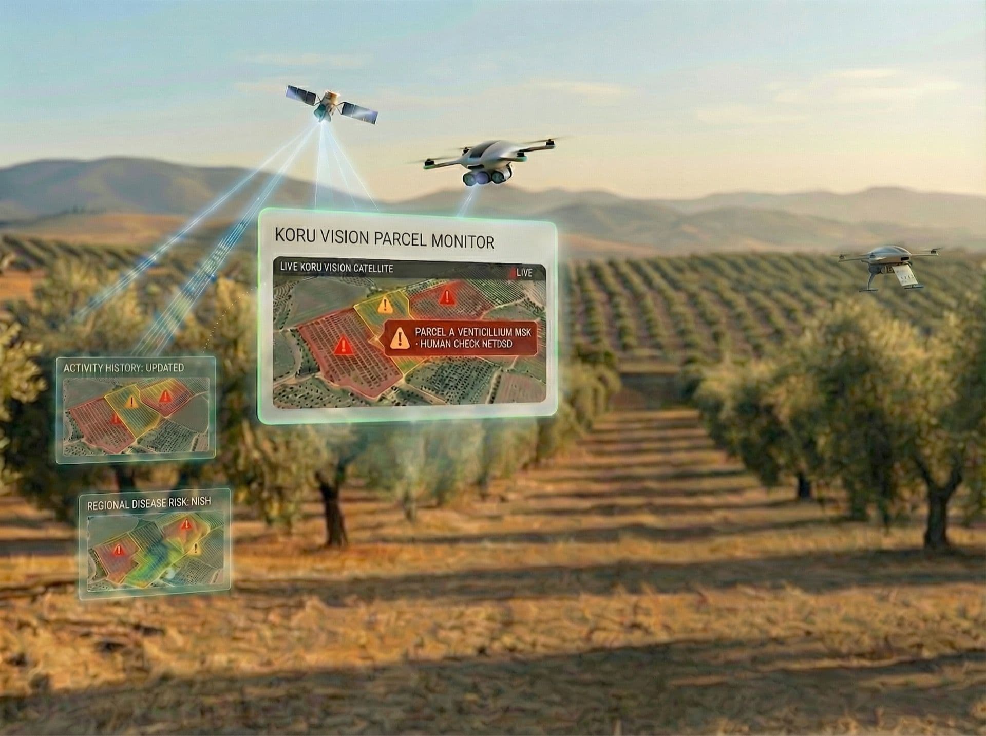 Koru Claw desktop view. Map of an Andalusian farm with three parcels haloed in amber. Right pane: 'Olivar Norte — 84% mildew risk. Last spray 11 days ago, rain Thursday. Recommended: bring forward your scheduled spray to Tuesday.'