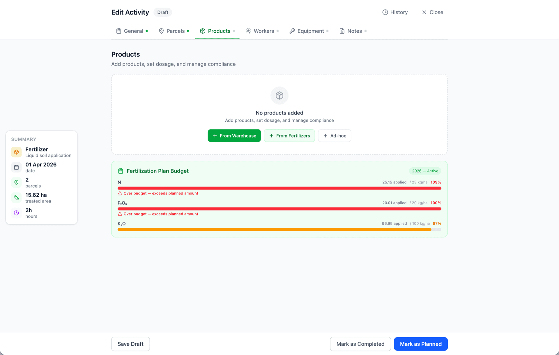 Progress bars per parcel showing N applied vs zone limit, with a status dot and an 'Export logbook' action at the bottom.