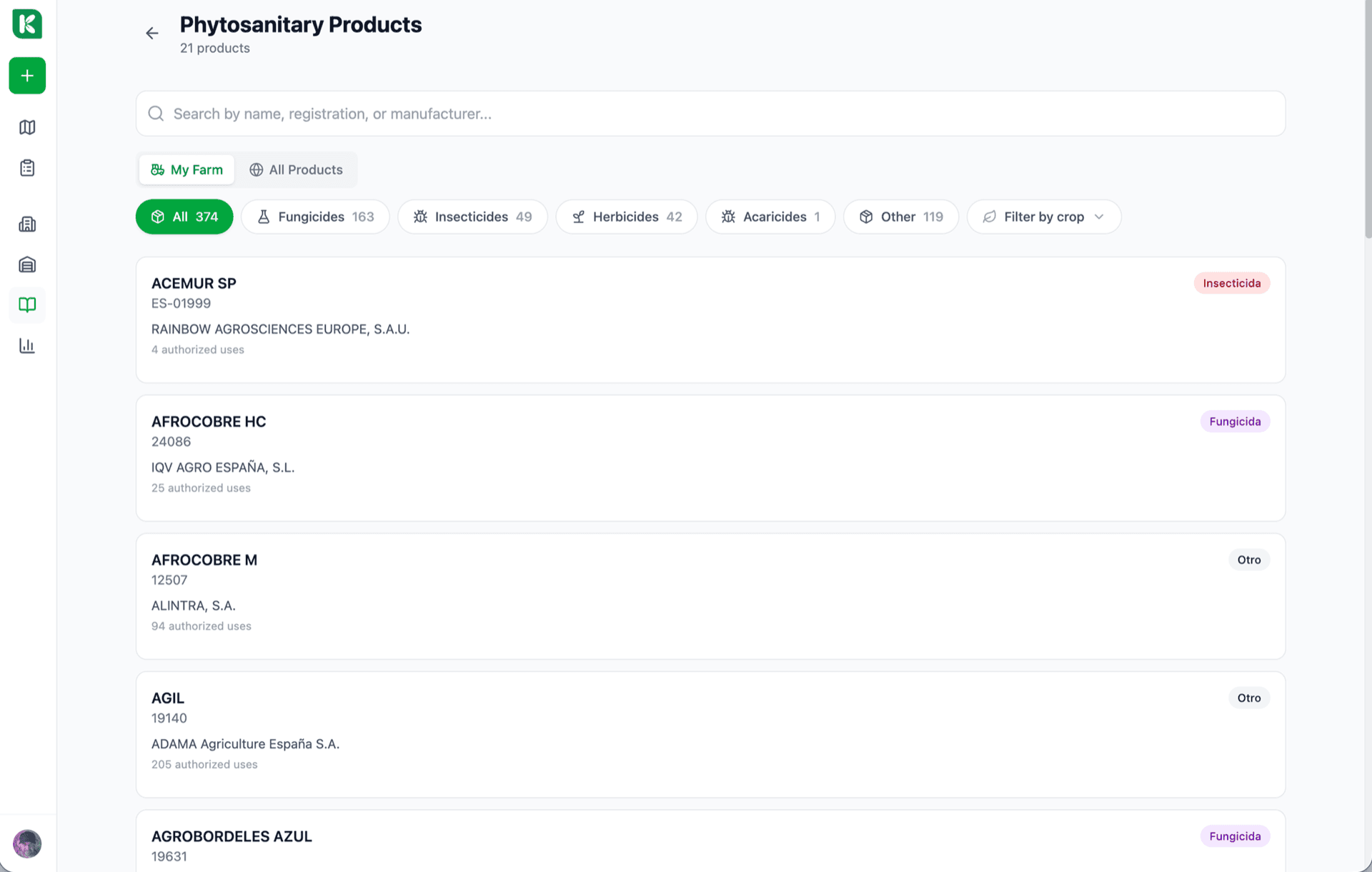 Catalogue editor view. Table of products with MAPA registration numbers, price tiers, stock levels. Top banner: '12 MAPA label updates available — review and apply'.