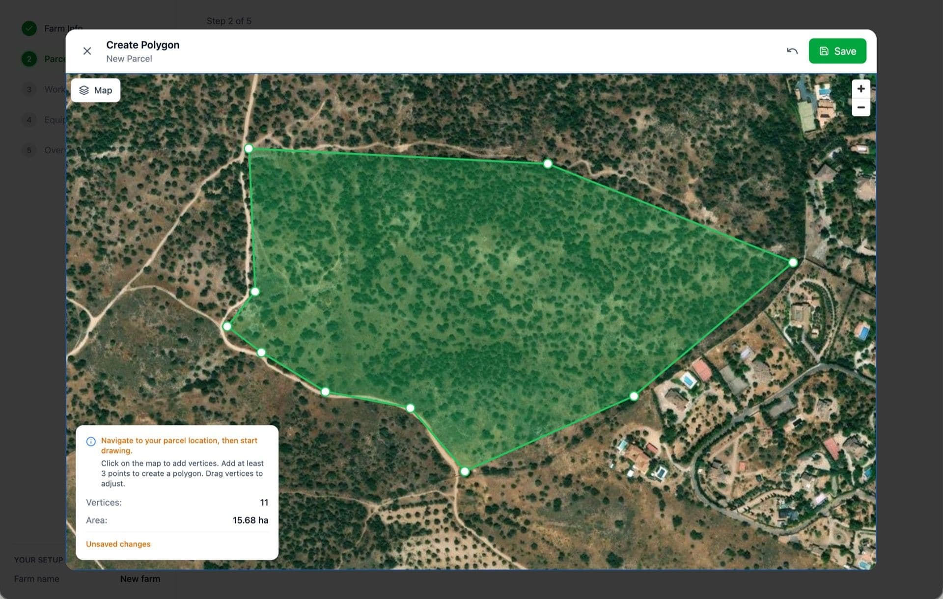 Mapa móvil en modo edición con vértices arrastrables en el límite de una parcela, botón flotante 'Guardar' y una pequeña llamada con la superficie recalculada.