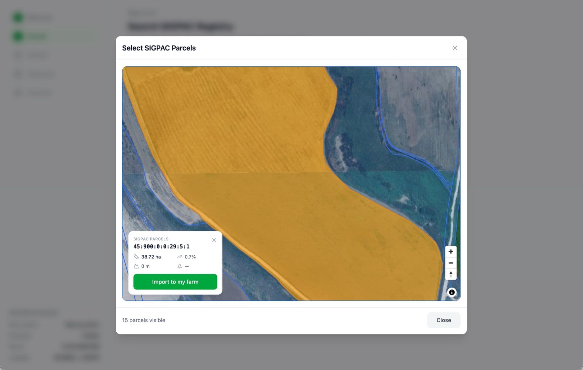 Pantalla de móvil con un resumen de exportación: total de hectáreas, parcelas por cultivo, etiquetas de ecorregímenes, botón 'Descargar' y acción secundaria 'Compartir con asesor'.