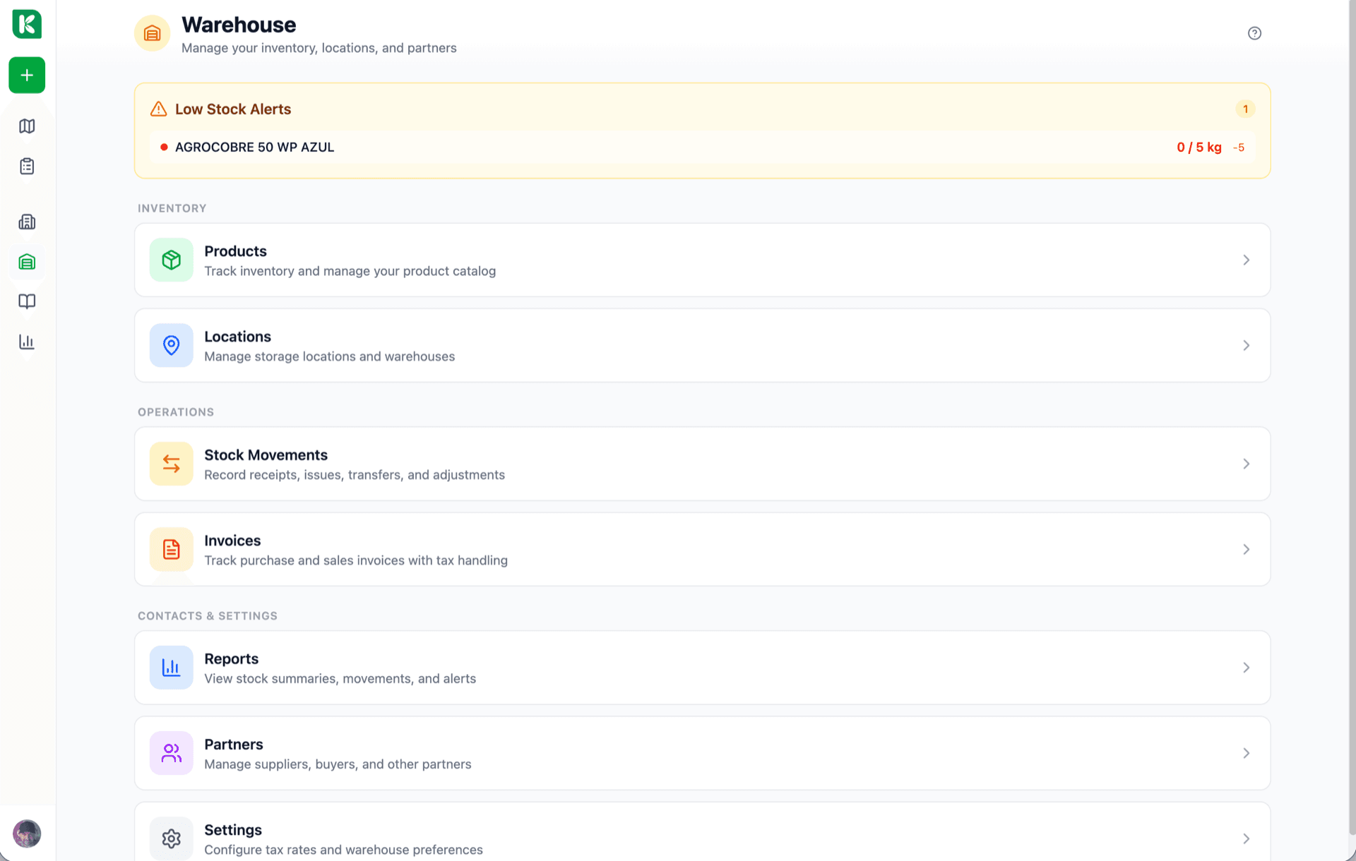 Pantalla móvil de stock con una lista de productos, cada uno con litros o kilos restantes, barra de progreso y acción 'pedir más' en los dos rojos.