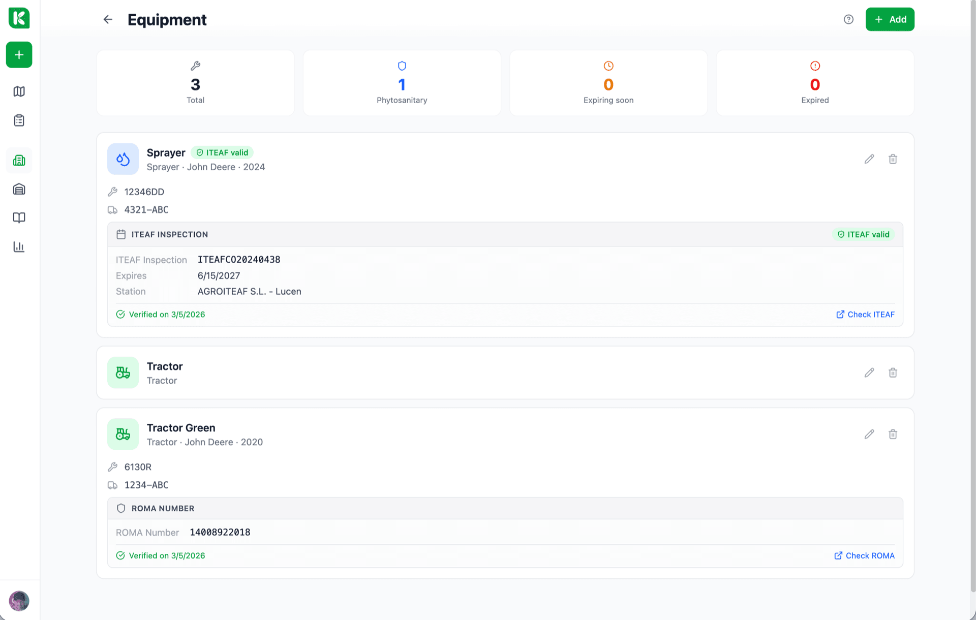 Pantalla de detalle de equipo con línea de tiempo del historial de inspección, próxima fecha e insignia verde 'inspección válida'.